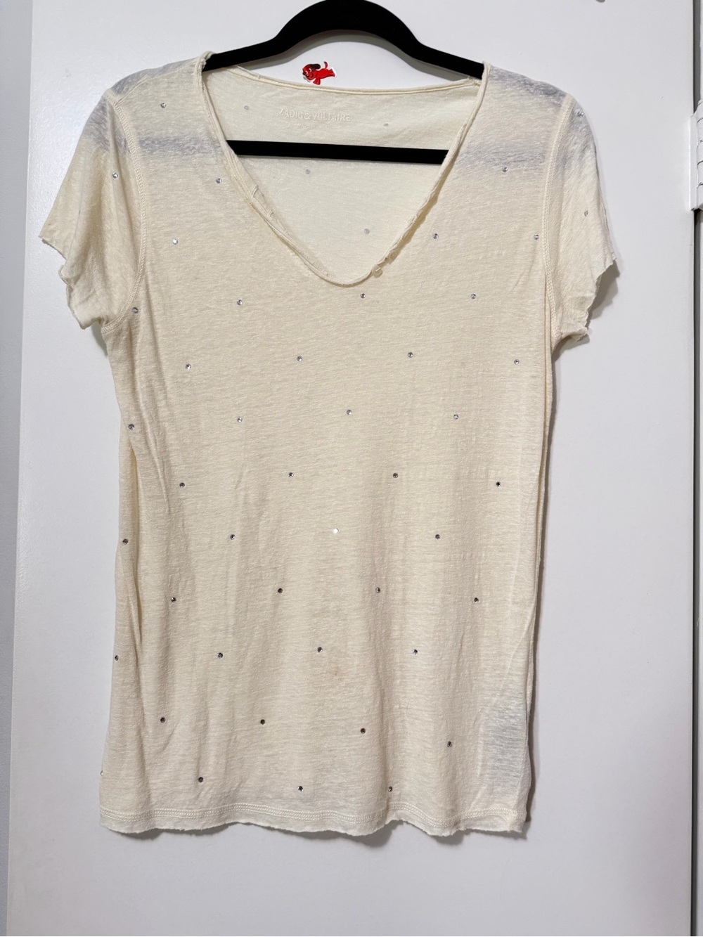 Zadig & Voltaire Cream Short-Sleeve V-Neck Tee with Stud Accents